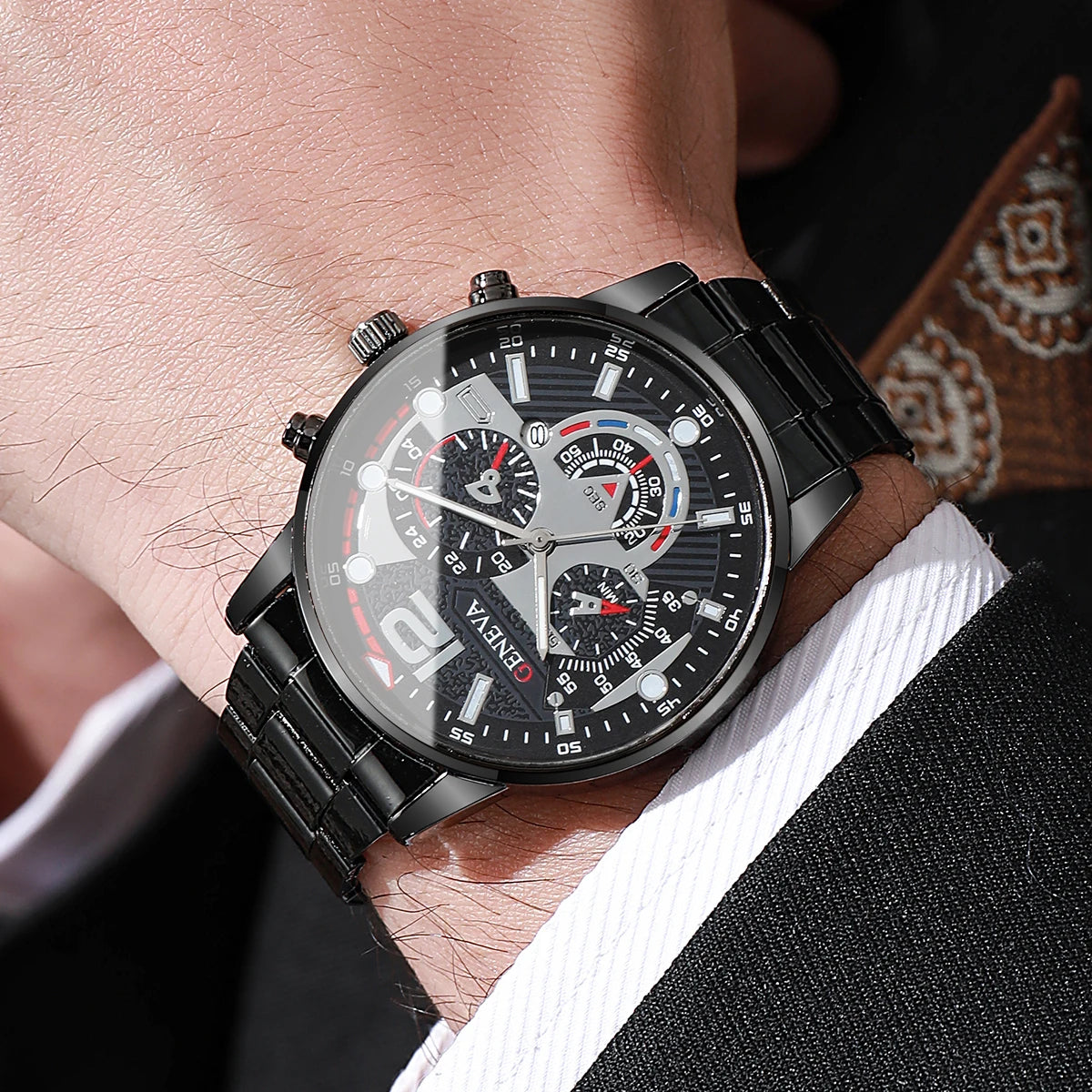 4PCS Luxury Men's Quartz Watch Jewelry Set Fashion Decorative Three-Eye Dial Men Business Watches Reloj Hombre（Without Box）