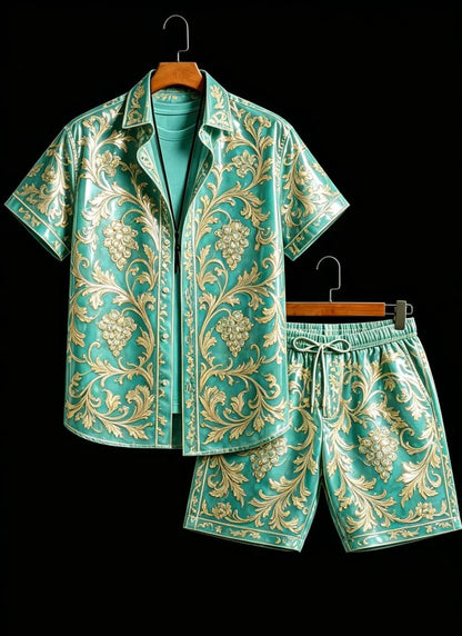 Men's luxury architectural style printed two-piece set, short sleeved shirt and shorts, for daily wear and exotic luxury style