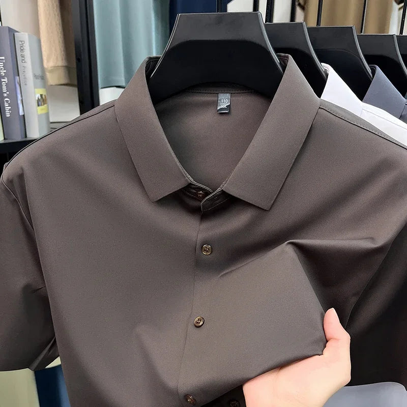 Casual Mens Short Sleeve Button Down Shirt Ice Silk Fabric Breathable Wrinkle Resistant Summer Formal Top