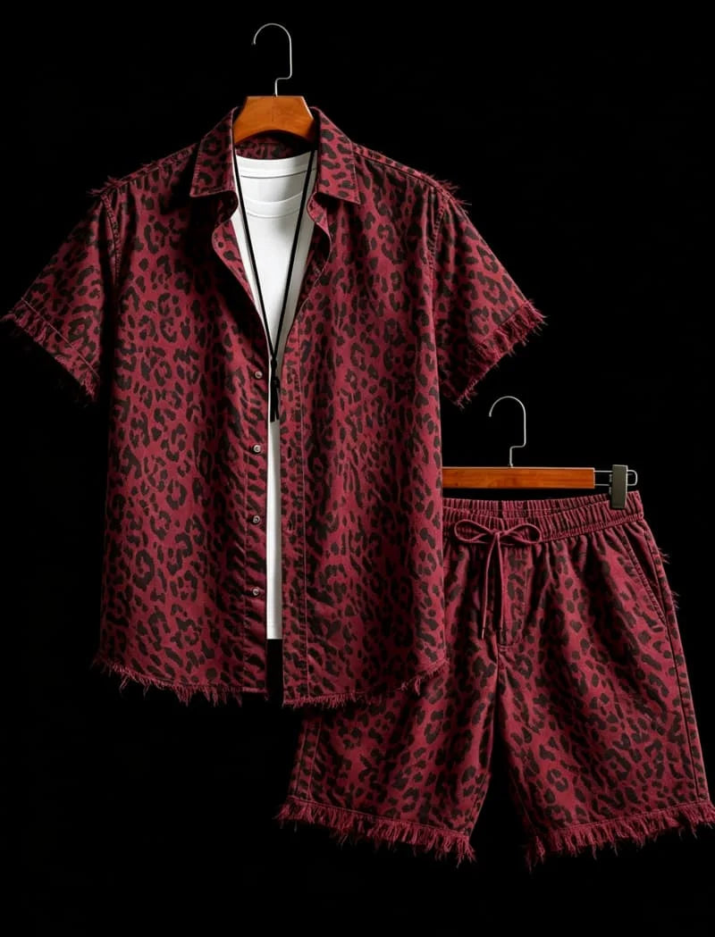 Men's animal print two-piece set, short sleeved shirt and shorts, suitable for tropical travel and unique exotic style
