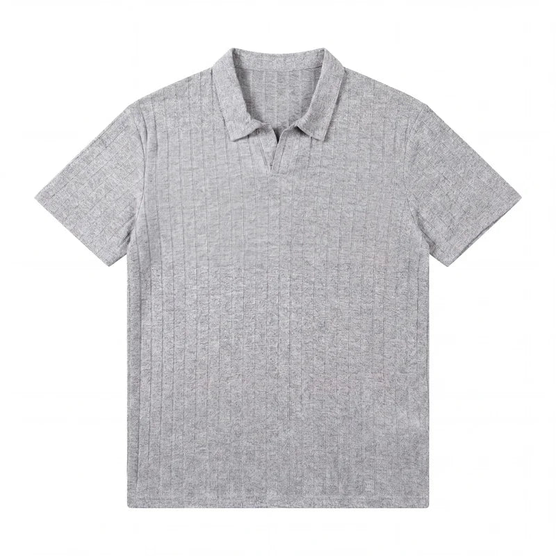 Men Ribbed Knit V Neck Polo Shirt Short Sleeve Casual T Shirt Elastic Comfortable Tops For Spring Summer Streetwear