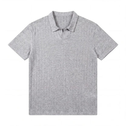 Men Ribbed Knit V Neck Polo Shirt Short Sleeve Casual T Shirt Elastic Comfortable Tops For Spring Summer Streetwear