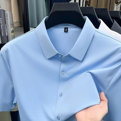 Casual Mens Short Sleeve Button Down Shirt Ice Silk Fabric Breathable Wrinkle Resistant Summer Formal Top