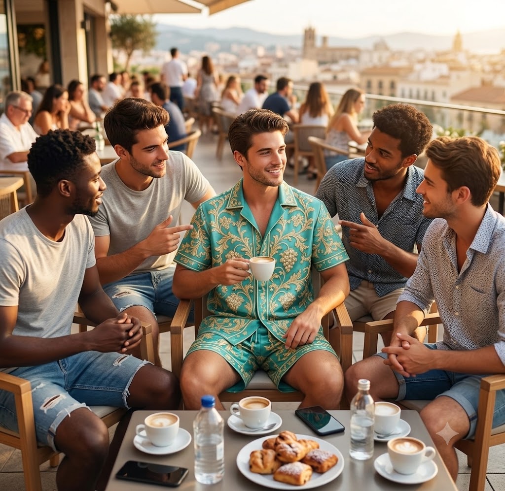 Men's luxury architectural style printed two-piece set, short sleeved shirt and shorts, for daily wear and exotic luxury style